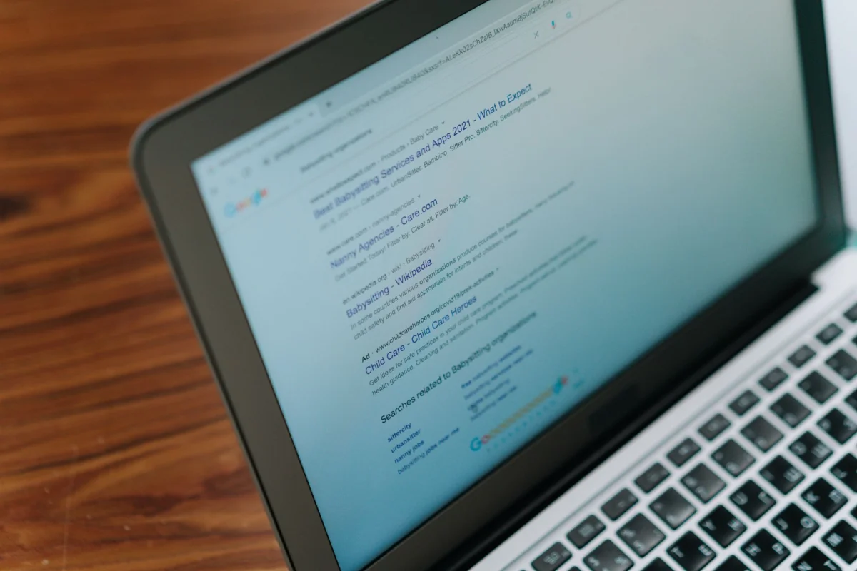 Close view of a search engine results page displayed on a screen