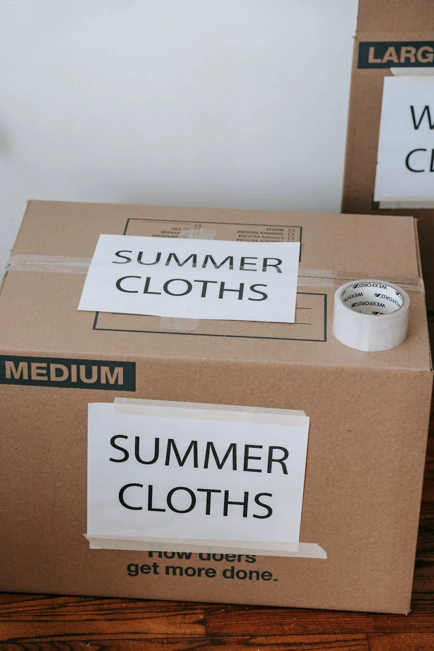 Stacked cardboard boxes taped and labeled for a residential move