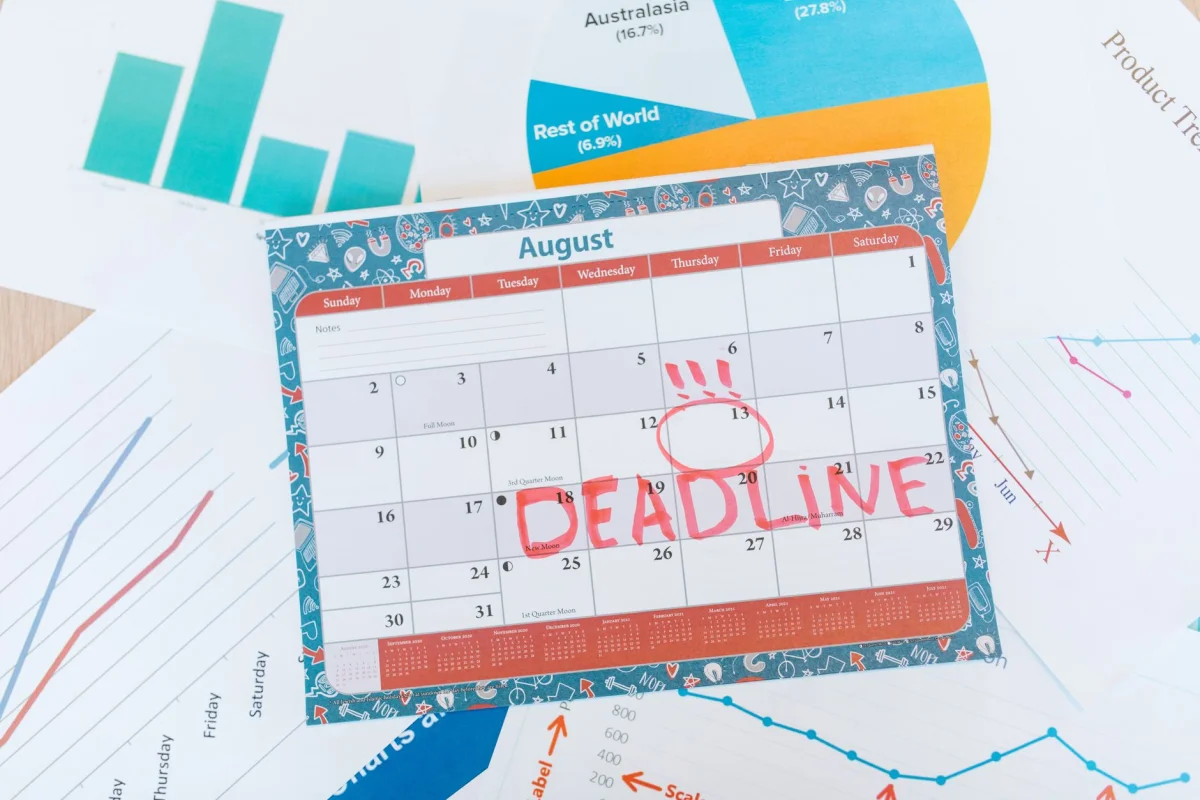 A wall calendar with quarterly tax deadlines circled in red marker