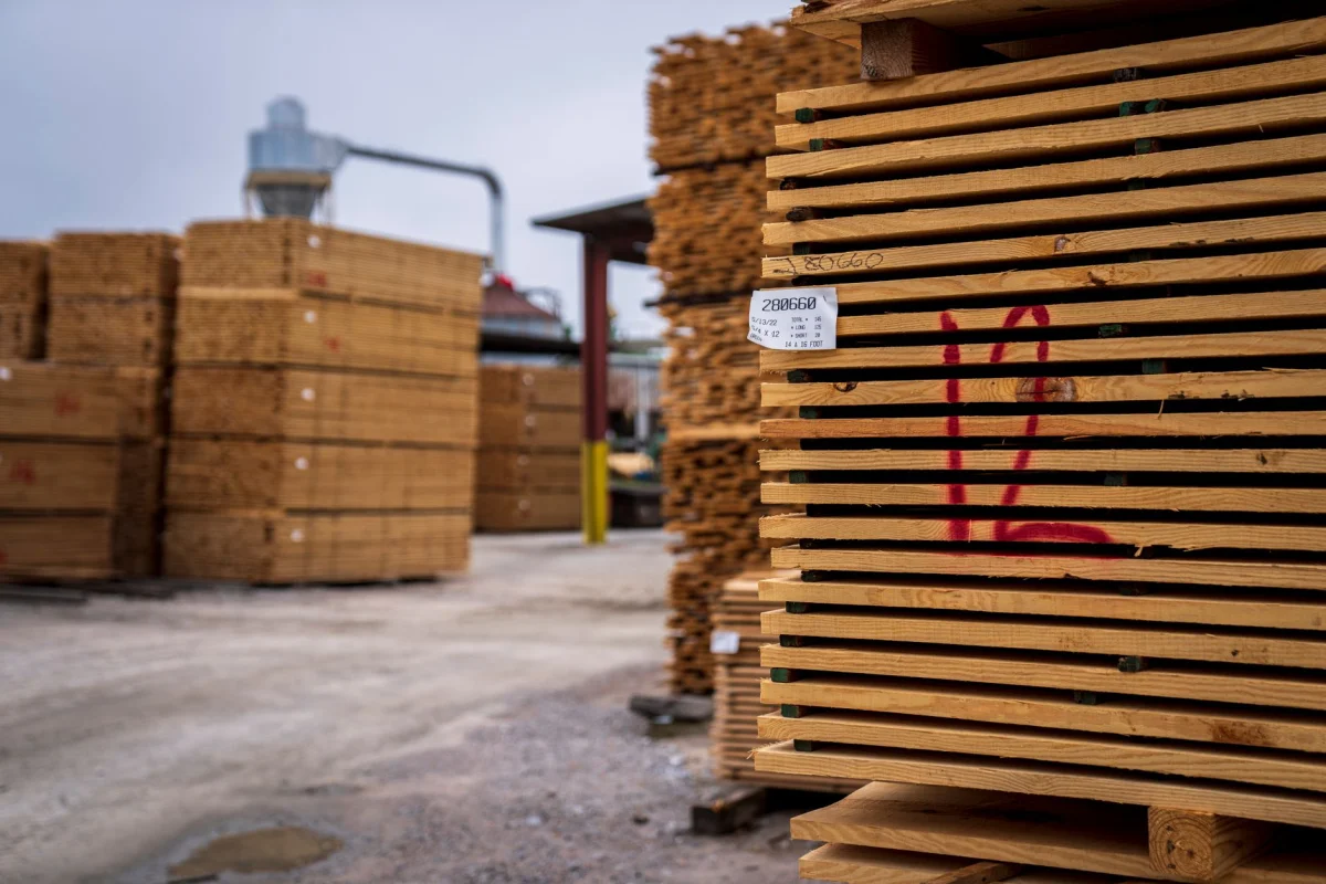 Stacked rough-cut lumber boards in a mill yard, sorted by size