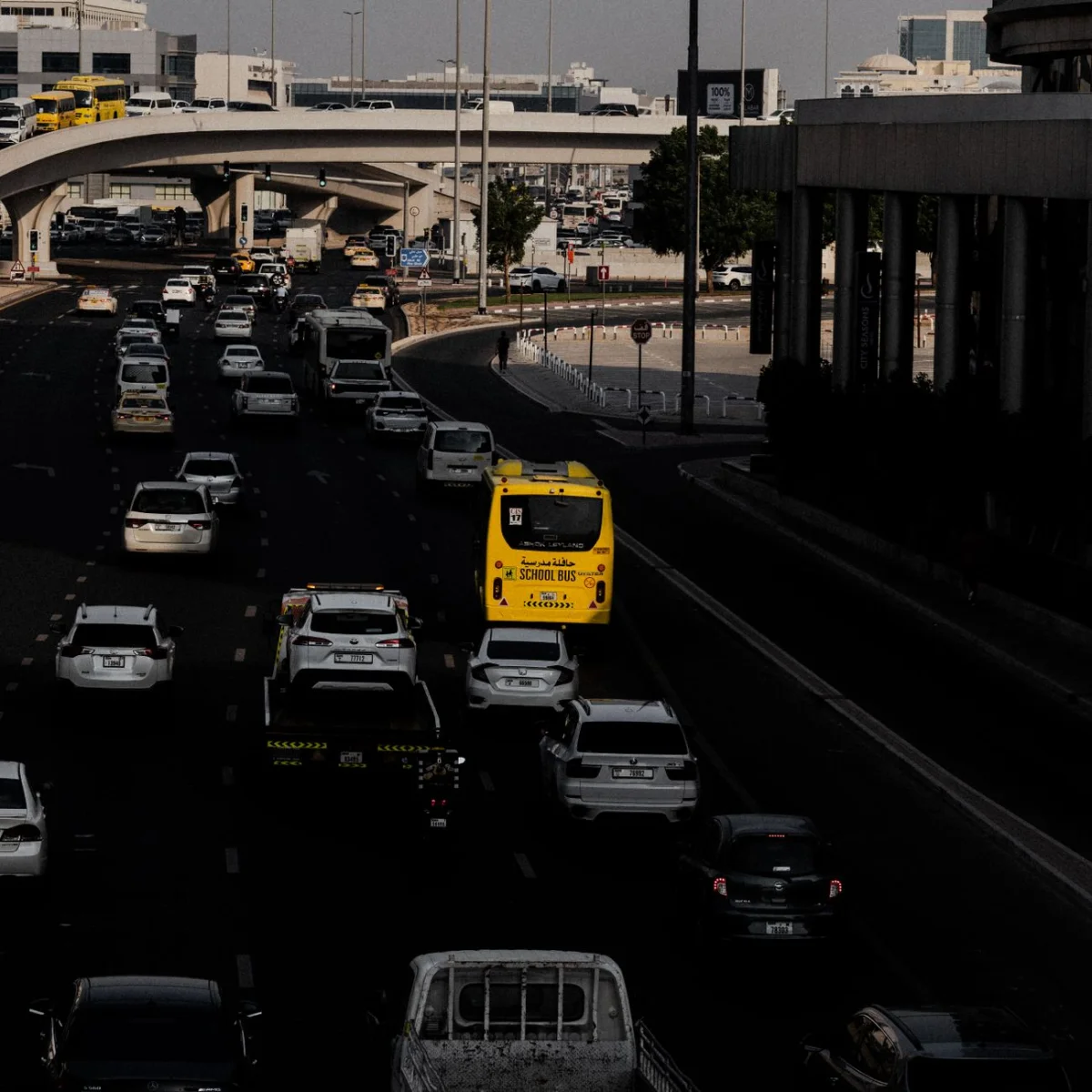 Commuter driving through traffic during a morning work commute