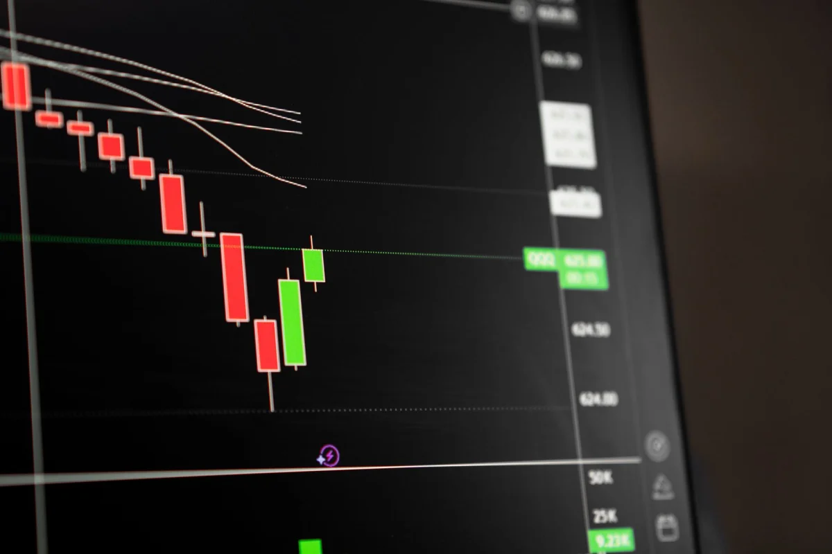 A financial candlestick chart trending downward on a screen