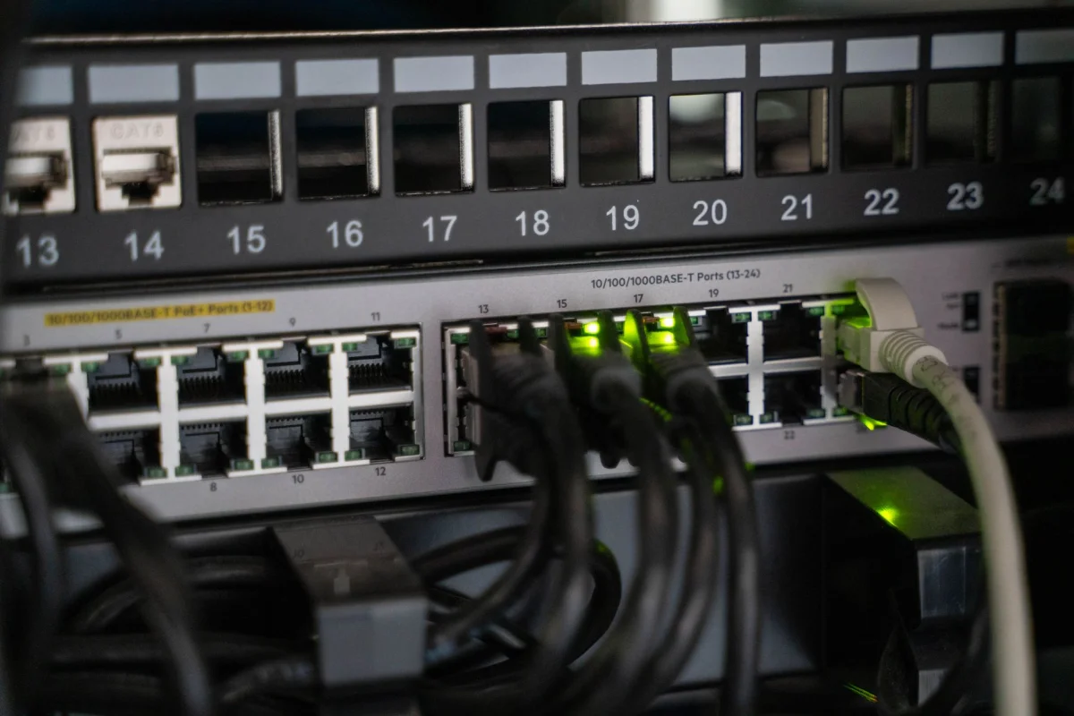 Rows of networking equipment in a data center rack