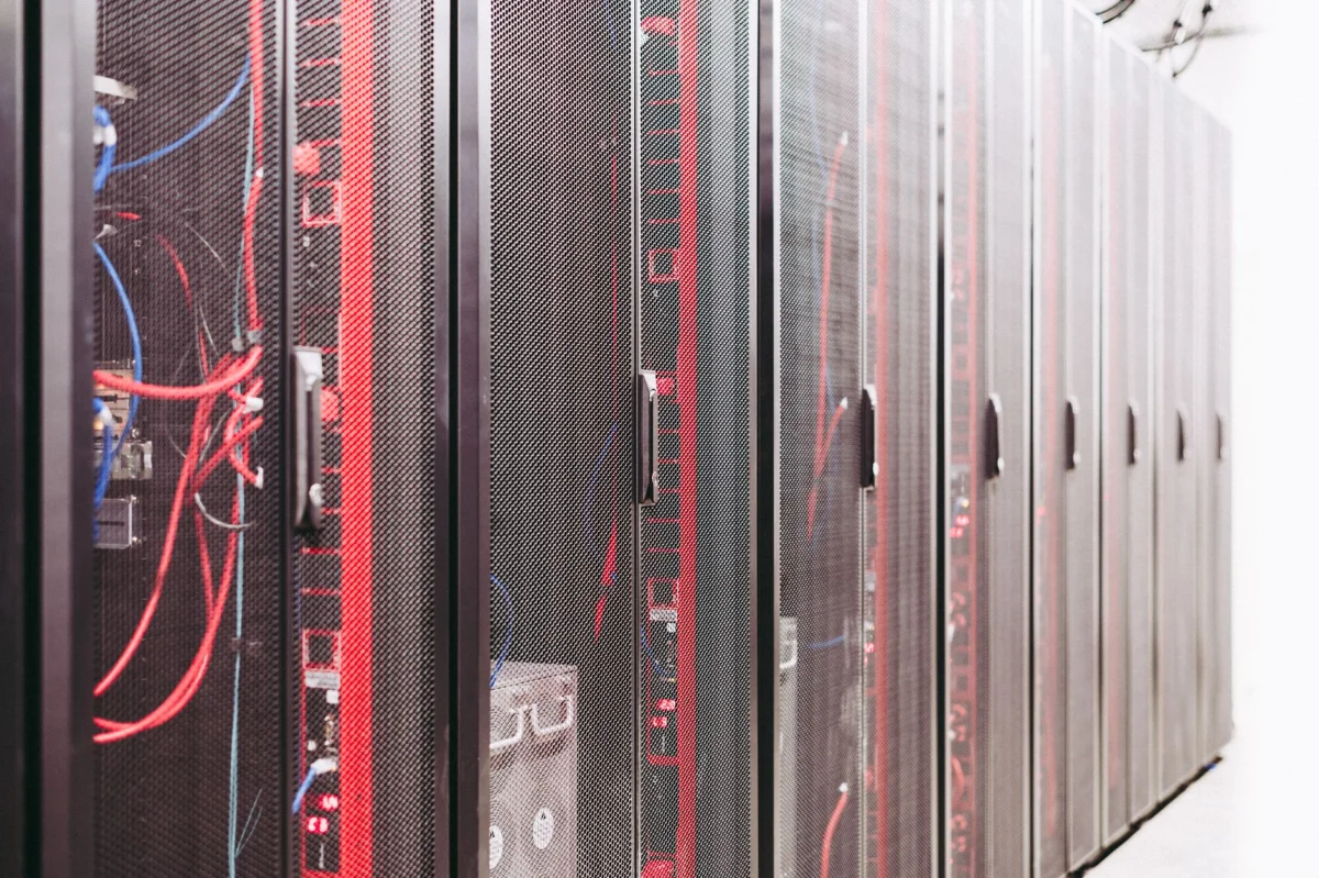 Rows of database server racks in a data center